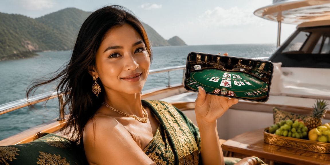 Meja baccarat dengan kartu terbuka di kafe Vietnam bergaya modern dan elegan