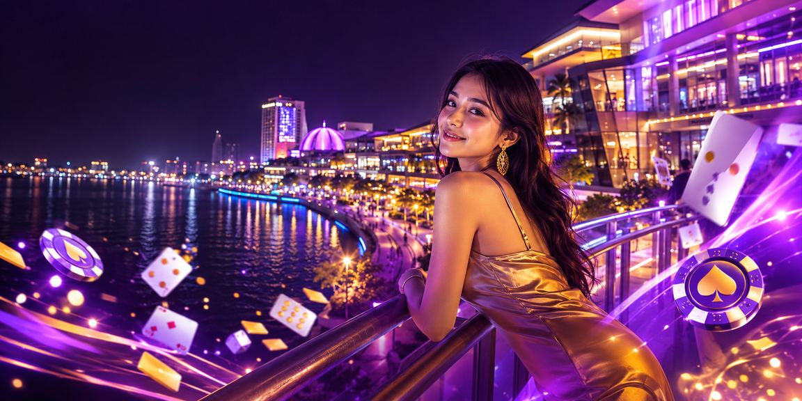 Permainan kartu casino dengan lampu neon warna-warni menampilkan suasana live casino malam hari