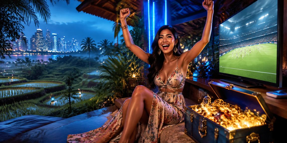 Model Vietnam berpose percaya diri sambil memegang ponsel di arena sports betting malam hari