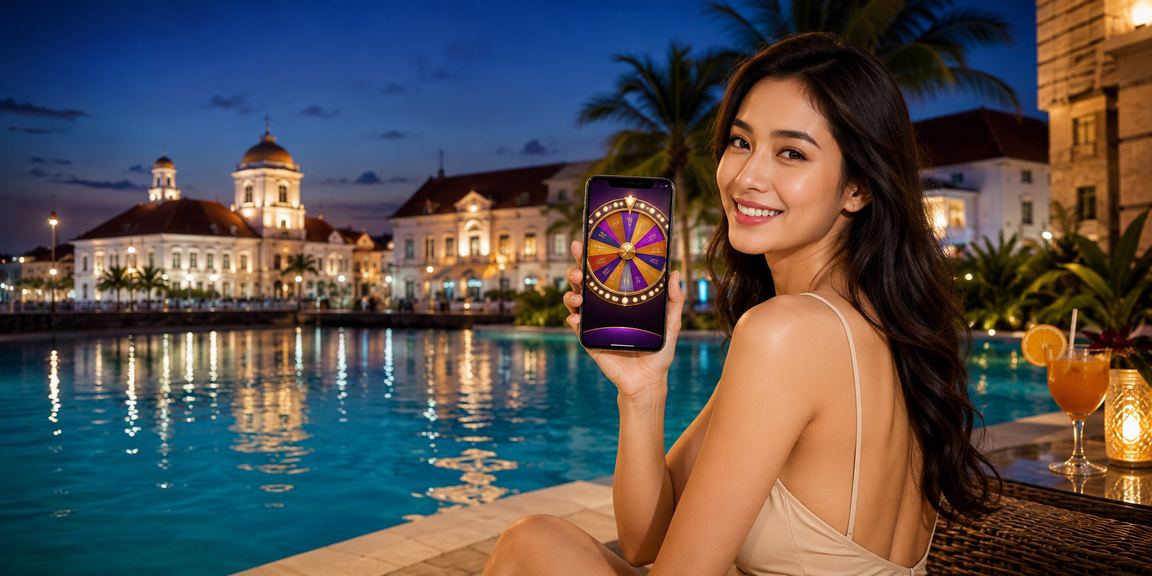 Model Vietnam berpose di depan layar permainan lucky draw dengan suasana malam yang meriah